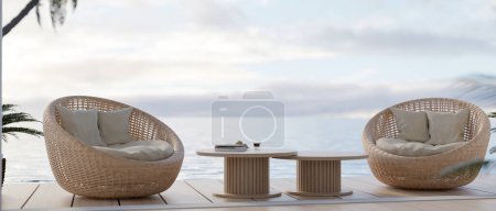 Round wicker beach chairs and minimal wooden coffee table on patio by the pool with sky view. vacation and holiday concept. 3d render, 3d illustration