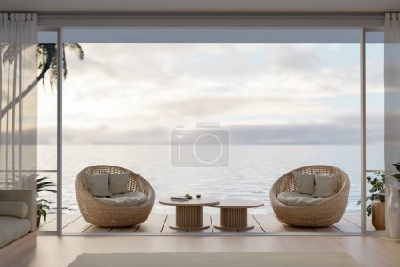 Luxury and beautiful villa outdoor relaxation lounge on terrace design with wicker beach chairs, a coffee table, and a beautiful ocean view. 3d render, 3d illustration