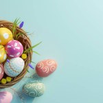 Beautiful Easter backdrop with colorful Easter eggs in a wicket basket and tulips on a blue background with copy space for display your text. 3d render, 3d illustration