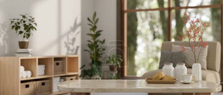 Foto de Espacio de maqueta vacío en la mesa de café de mármol con cesta de pan, taza de café y decoración en la acogedora sala de estar contemporánea. 3d render, ilustración 3d - Imagen libre de derechos
