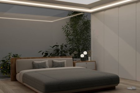 Photo for Interior design of a modern bedroom with modern indirect light on ceiling, indoor garden behind the bed and home decor. Bedroom at night concept. 3d render, 3d illustration - Royalty Free Image