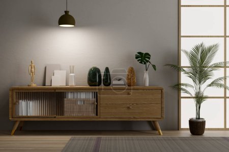 Photo for Interior design of a modern minimal living room with home decor on a wooden cabinet, houseplants, a stylish pendant light, parquet floor and grey wall. 3d render, 3d illustration - Royalty Free Image