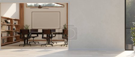 Photo for Comfortable meeting room with meeting table, empty board on wall, ceiling fan, wooden bookcase and empty white mockup wall. 3d render, 3d illustration - Royalty Free Image