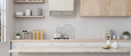 Foto de Imagen de primer plano de un espacio de copia en una hermosa mesa de cocina blanca de mármol en una cocina blanca minimalista con electrodomésticos de cocina. 3d render, ilustración 3d - Imagen libre de derechos