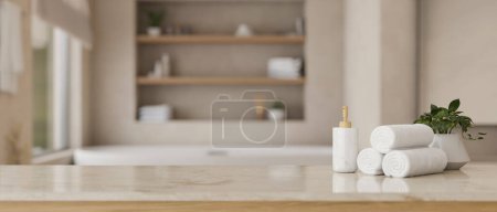 Towels, shampoo bottle, potted plant and copy space for product display on a tabletop over blurred background of modern bright bathroom. 3d render, 3d illustration