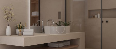 Seitenansicht eines schönen Luxus-Badezimmer Waschtischplatte mit Keramik-Waschbecken, Toilettenartikeln, Blumenvase und großem Spiegel. 3D-Renderer, 3D-Illustration