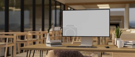 Photo for A computer white screen mockup with accessories on a wooden table in a Scandinavian minimalist co-working room. 3d render, 3d illustration - Royalty Free Image