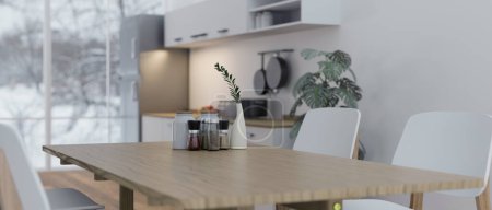 Foto de Imagen de cerca de una mesa de comedor de madera minimalista en una moderna cocina blanca contemporánea. 3d render, ilustración 3d - Imagen libre de derechos