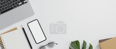 Foto de Vista superior del espacio de trabajo mínimo blanco con maqueta de teléfonos inteligentes y suministros de oficina. 3d render, ilustración 3d - Imagen libre de derechos