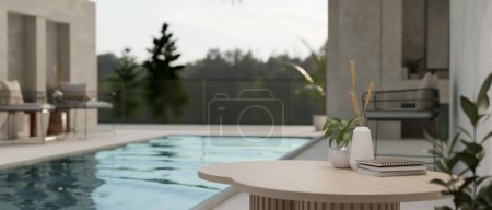 Close-up image of a empty space on a wooden coffee table by the swimming pool, modern beautiful home relaxation area. 3d render, 3d illustration