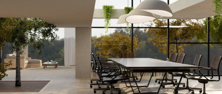 Interior design of a modern, eco-friendly, spacious meeting room with a modern dark meeting table, stylish pendant lights, a tree, and amazing large glass window. 3d render, 3d illustration