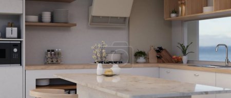 Téléchargez les photos : Design intérieur d'une cuisine moderne avec îlot de cuisine en marbre de luxe, appareils de cuisine, comptoir de cuisine blanc minimal avec évier, ustensiles de cuisine et décoration. 3d rendu, illustration 3d - en image libre de droit