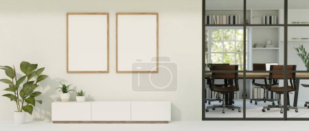 Photo for Interior design of a modern contemporary office hallway or corridor with a modern white cabinet, blank frame mockups on white wall, meeting room, and indoor plants. 3d render, 3d illustration - Royalty Free Image