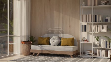 Foto de Diseño interior de una moderna sala de estar escandinava con un sofá en una alfombra, un tocadiscos en una mesa auxiliar de madera, una estantería grande y una ventana grande. 3d render, ilustración 3d - Imagen libre de derechos