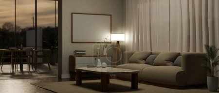 Foto de Diseño interior de una sala de estar contemporánea y acogedora en la noche, un cómodo sofá, una mesa de centro, una lámpara de pie, cortinas transparentes y decoración para el hogar. 3d render, ilustración 3d - Imagen libre de derechos