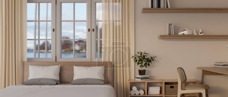 Foto de Un interior de dormitorio minimalista escandinavo con una cómoda cama contra la ventana con cortinas transparentes, un escritorio de madera mínima, un gabinete de madera, estante de pared en la pared blanca. 3d render, ilustración 3d - Imagen libre de derechos