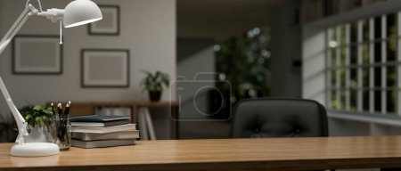 Photo for Copy space for displaying your product on a wooden desk in a modern home office room. close-up image. 3d render, 3d illustration - Royalty Free Image