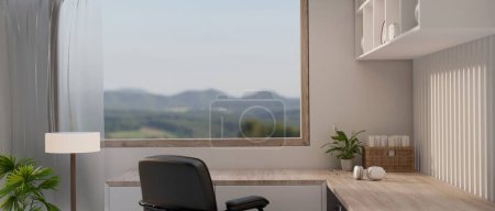 Foto de Diseño interior de un espacio de trabajo doméstico escandinavo minimalista con una mesa de esquina mínima contra la ventana y la pared, una silla de oficina, una lámpara de pie, un estante de pared y decoración. 3d render, ilustración 3d - Imagen libre de derechos