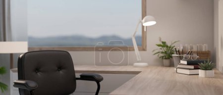 Foto de Imagen de primer plano de un espacio de copia en una mesa de esquina de madera en un espacio de trabajo doméstico mínimo moderno o una sala de oficina. 3d render, ilustración 3d - Imagen libre de derechos