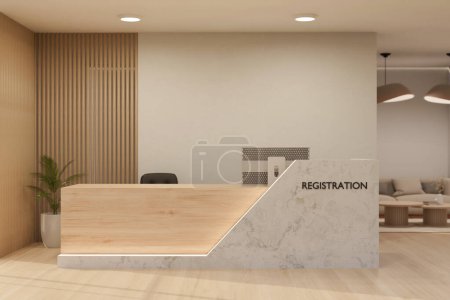 A modern, luxury, and beautiful registration counter or lobby front desk area interior design with a white marble counter, parquet floor, an indoor plant, and white wall. 3d render, 3d illustration