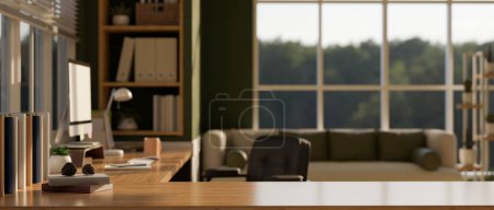 Photo for Copy space for displaying your product on a hardwood desk in a modern private office or home workspace with a computer. 3d render, 3d illustration - Royalty Free Image