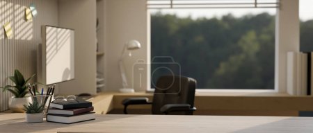 Photo for Copy space on a hardwood desk in a modern private office or home workspace with a computer. 3d render, 3d illustration - Royalty Free Image