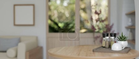 Foto de Imagen de cerca de un espacio de copia en una mesa redonda de madera con sazonadores y botellas de especias, una taza y una planta en maceta en una acogedora sala de estar escandinava. 3d render, ilustración 3d - Imagen libre de derechos