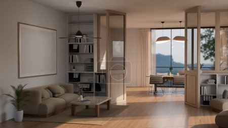 Innenarchitektur eines geräumigen, modernen, skandinavischen Wohnzimmers mit Doppeltüren durch ein Esszimmer. bequemes Sofa, leerer Rahmen an weißer Wand, Parkettboden und Bücherregal. 3D-Renderer, 3D-Illustration
