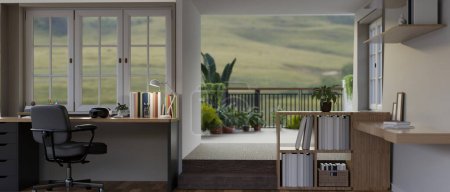 Foto de Diseño interior de un moderno y cómodo espacio de trabajo en casa u oficina con un escritorio contra la ventana, un balcón con una hermosa vista de la naturaleza, una estantería y decoración. 3d render, ilustración 3d - Imagen libre de derechos