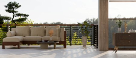 Innenarchitektur eines modernen, modernen Ruhebereichs auf einem Balkon mit einem bequemen Sofa und einem Couchtisch an einem Geländer und einem wunderschönen Blick auf die Natur. 3D-Renderer, 3D-Illustration