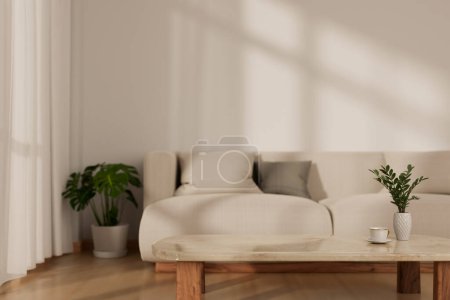 Foto de Un moderno diseño interior minimalista de la sala de estar con un cómodo sofá blanco, una mesa de centro, una planta interior, un suelo de parquet y una pared blanca. 3d render, ilustración 3d - Imagen libre de derechos