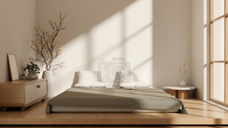 Téléchargez les photos : Vue de face d'un design intérieur minimaliste de chambre à coucher japonaise avec un lit confortable sur un sol en bois, un tiroir en bois, un grand vase avec fleur, un mur blanc et une fenêtre. 3d rendu, illustration 3d - en image libre de droit