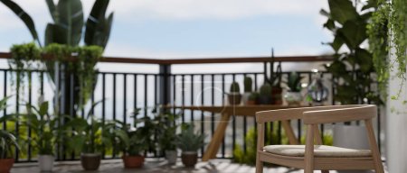 Ein Holzsessel auf einem Balkon mit kleinem Garten mit verschiedenen Pflanzen im Freien. Home Balkon, zu Hause Ruhebereich. 3D-Renderer, 3D-Illustration
