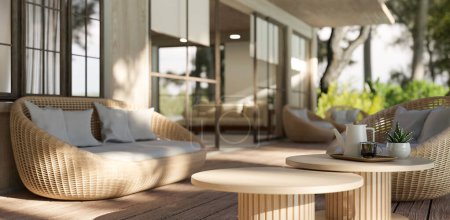 Kopieren Sie Platz auf einem hölzernen Couchtisch auf einem schönen Deck mit bequemen Weidensofa und einem schönen Blick auf die Natur. Hotel oder Restaurant Lounge im Freien. 3D-Renderer, 3D-Illustration