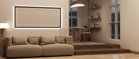 Foto de Diseño interior de una moderna y cómoda sala de estar con zona de comedor, un acogedor sofá, una maqueta de marco en la pared blanca, una lámpara de pie y un suelo de parquet. 3d render, ilustración 3d - Imagen libre de derechos
