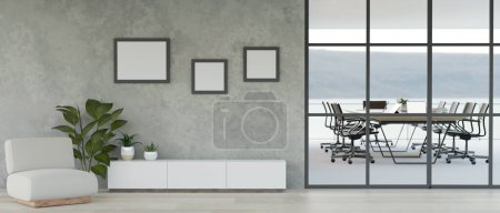 Téléchargez les photos : Espace de bureau contemporain moderne avec canapé simple et table de bureau dans la salle de réunion. 3d rendu, illustration 3d - en image libre de droit