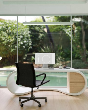 Foto de Diseño interior de una moderna sala de oficina privada u oficina en casa con una maqueta de monitor de computadora en un escritorio de computadora moderno contra la gran ventana de vidrio con vista al jardín. 3d render, ilustración 3d - Imagen libre de derechos