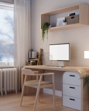 Foto de Diseño interior de un hermoso espacio de trabajo de oficina en casa escandinava o una mesa de estudio en un dormitorio con una computadora de escritorio vacía en un escritorio de madera, una silla de madera y decoración. 3d render, ilustración 3d - Imagen libre de derechos
