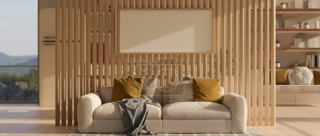 Innenarchitektur eines geräumigen, schönen skandinavischen Wohnzimmers mit einer bequemen Couch mit Kissen, einer Rahmenattrappe an einer Holz-Trennwand und einem Parkettboden. 3D-Renderer, 3D-Illustration