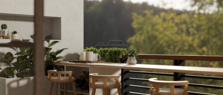 Ein moderner und komfortabler Ruhebereich für zu Hause auf einem Balkon oder einem Café-Restaurant im Freien auf einem Balkon mit einem langen Holztisch neben einem Geländer und Blick auf die Natur. 3D-Renderer, 3D-Illustration