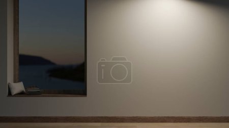 The interior design of a modern empty room at night features a pillow and books on a window bench, a white wall, parquet floor, and dim light. 3d render, 3d illustration