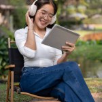 A happy Asian woman in casual clothes enjoys listening to music on her headphones and using her digital tablet while relaxing in a backyard garden on a bright day.