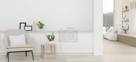Foto de El diseño interior de un lujoso pasillo casero blanco minimalista cuenta con un sillón moderno, una mini mesa de centro, plantas de interior, una pared blanca con molduras y una puerta. 3d render, ilustración 3d - Imagen libre de derechos