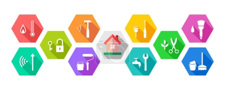 Téléchargez les illustrations : House and work tools icon set as repair, renovation, maintenance concept. Home with colorful tool icons. Facility and facilities management. Vector illustration, banner. - en licence libre de droit
