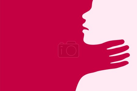 Abuse concept with hand strangling and choking the neck of a female victim. Woman and head silhouette, profile and face outline with scared expression.