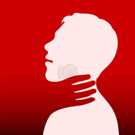 Illustration for Abuse, violence, bullying concept. Silhouette of a person being strangled. Hand strangling the neck of a victim, physical attack. Head, face and expression showing pain, despair, felling scared. - Royalty Free Image