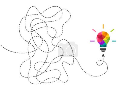 Illustration for Creative idea concept with colorful light bulb. One continuous dashed line as thinking process, trials and challenges symbol leading to lightbulb made of vibrant colors. - Royalty Free Image