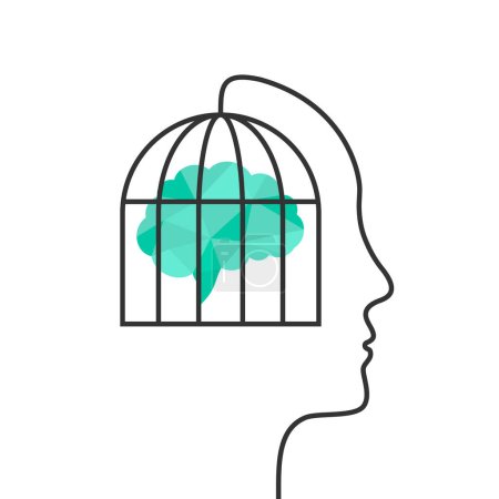 Brain as prisoner inside a cage and human head silhouette with face outline concept. Mind imprisoned behind bars as mental prison, feeling trapped, lack of awareness or thinking difficulty symbol.