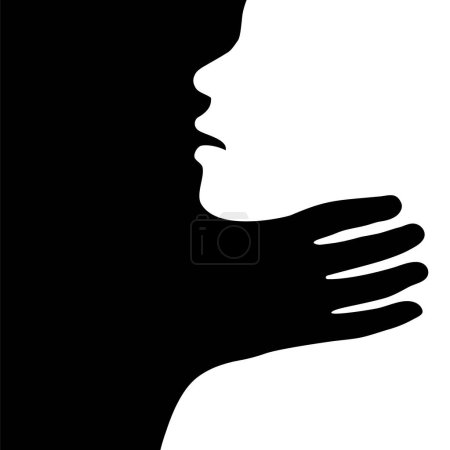 Illustration for Hand strangling and choking the neck of a victim as abuse, domestic violence, harassment, physical attack or assault concept. Silhouette of a person being strangled, chocked, suffocated. - Royalty Free Image