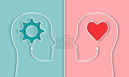 Illustration for Comparison of IQ and EQ or right and left brain, cerebral hemispheres concept. Head silhouette of a person, gear and heart shape symbol. Emotional versus intelligence quotient, human mind, thinking. - Royalty Free Image
